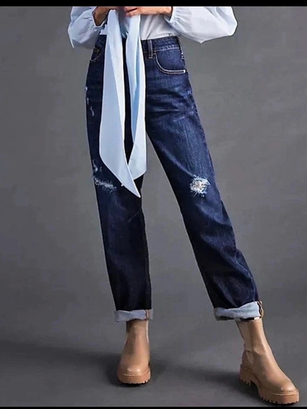 Anthopologie Pilcro 27 The Bow Boyfriend Jeans Dark Distressed Denim Blue